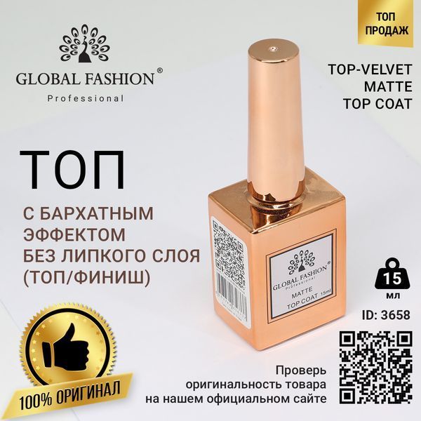 Топовое покрытие с бархатным эффектом без липкого слоя Global Fashion Matte Top Coat, 15 мл 3658 фото