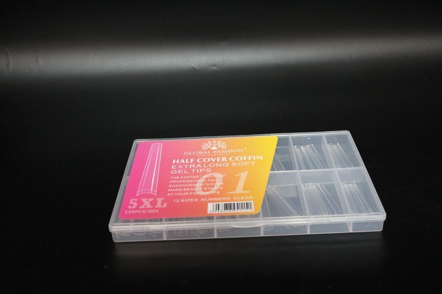 Гелеві тіпси Global Fashion 01 (Half Cover Coffin Extra Long Soft Gel Tips 5XL), 120 шт, 12 розмірів GF-5XL-HCOFF фото